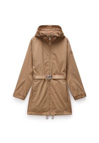 Veste légère beige avec une capuche, taille réglable par un cordon, poignets élastiques et une ceinture avec logo. Tissu lisse avec fermeture éclair et un design décontracté.
