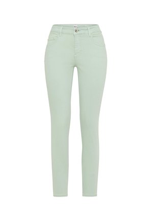 Jeans skinny di denim verde chiaro, con tasche anteriori, passanti per cintura e chiusura con un singolo bottone. Tessuto liscio e design aderente.