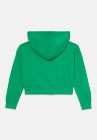 Zastrihnutá zelená mikina s kapucňou na šnúrku, dlhými rukávmi, ribovanými manžetami a spodným lemom. Mäkka, hladká textura bez viditeľných vzorov alebo akcentov.