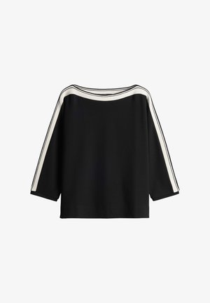 Black top with three-quarter sleeves, wide neckline, and white striped accents along shoulders. Smooth fabric with relaxed fit.