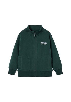 Dark green zip-up sweatshirt with high collar, two front pockets, and white text reading "Portland Sport Team" on the chest.