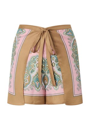 Pantaloncini avvolgenti marroni e rosa con motivo paisley, chiusura frontale a nodo e pannelli decorativi simmetrici.