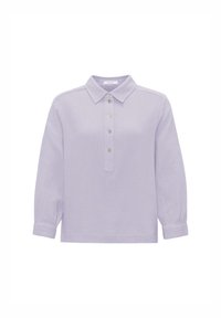 Camicia a maniche lunghe di colore lilla chiaro con colletto button-down, caratterizzata da un tessuto testurizzato e una patta frontale con cinque bottoni.