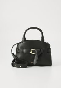 Borsa a mano in pelle nera con forma strutturata, manici corti e una tracolla removibile. Presenta finiture in metallo dorato e un dettaglio a fiocco.
