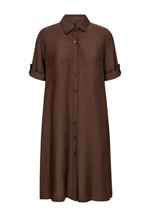 Bruine, korte mouwen shirtjurk van een lichtgewicht, gestructureerde stof met een knoopsluiting aan de voorkant en opgerolde mouwen, met een klassieke kraag.