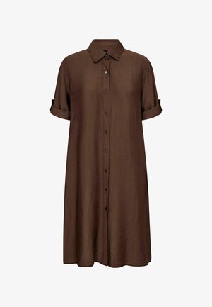 Vestido camisa corto de manga corta en color marrón, confeccionado en una tela ligera y texturizada, con cierre delantero de botones y mangas remangadas, que cuenta con un clásico collar.