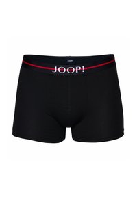 Black boxer briefs made from cotton, featuring a red and black elastic waistband with "JOOP!" logo prominently displayed.