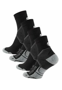 Chaussettes de sport en coton noir, ensemble de quatre, avec talons et orteils renforcés, accents gris et poignet côtelé pour un maintien sûr.