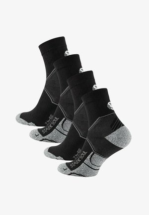 Black cotton athletic socks set of four, featuring reinforced heels and toes, grey accents, and a ribbed cuff for secure fit.