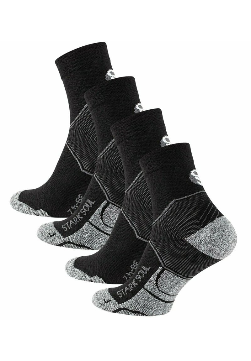Chaussettes de sport en coton noir, ensemble de quatre, avec talons et orteils renforcés, accents gris et poignet côtelé pour un maintien sûr.