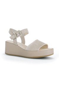 Beige platform sandalen met een suède textuur, open toe ontwerp en een verstelbare enkelband met een metalen gesp. Soepele zool.