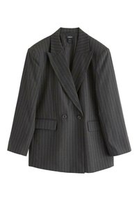 Mørkegrå stribet dobbeltradet blazer med slagkrave, to forlommer og glat stofstruktur. Knapperne er på fronten.