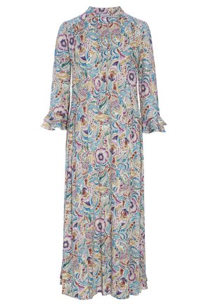 Sukienka maxi z długim rękawem, z wysokim kołnierzem i falbankami na mankietach, ozdobiona kolorowym wzorem kwiatów i liści w odcieniach fioletu, niebieskiego, beżu oraz czerwieni.