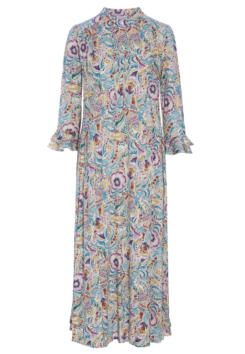 Robe maxi à manches longues avec col montant et poignets à volants, présentant un motif floral et de feuilles coloré en tons violets, bleus, beige et rouges.