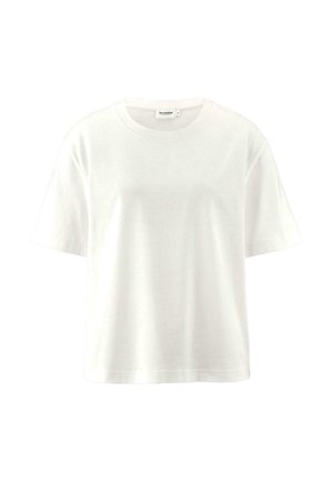 Weißes Baumwoll-T-Shirt mit lässiger Passform, kurzen Ärmeln und Rundhalsausschnitt. Glatte Textur und keine sichtbaren Muster oder Akzente.