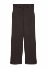 Mørkebrune vidbente bukser laget av glatt stoff, med sidelommer og en midje med beltestropper.