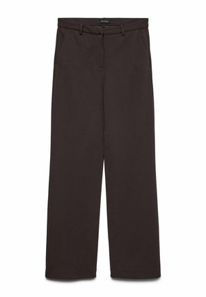 Tamsiai rudos spalvos plačios kelnės, pagamintos iš lygaus audinio, su šoninėmis kišenėmis ir liemens diržo kilpelėmis.