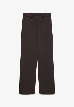 Tamsiai rudos spalvos plačios kelnės, pagamintos iš lygaus audinio, su šoninėmis kišenėmis ir liemens diržo kilpelėmis.