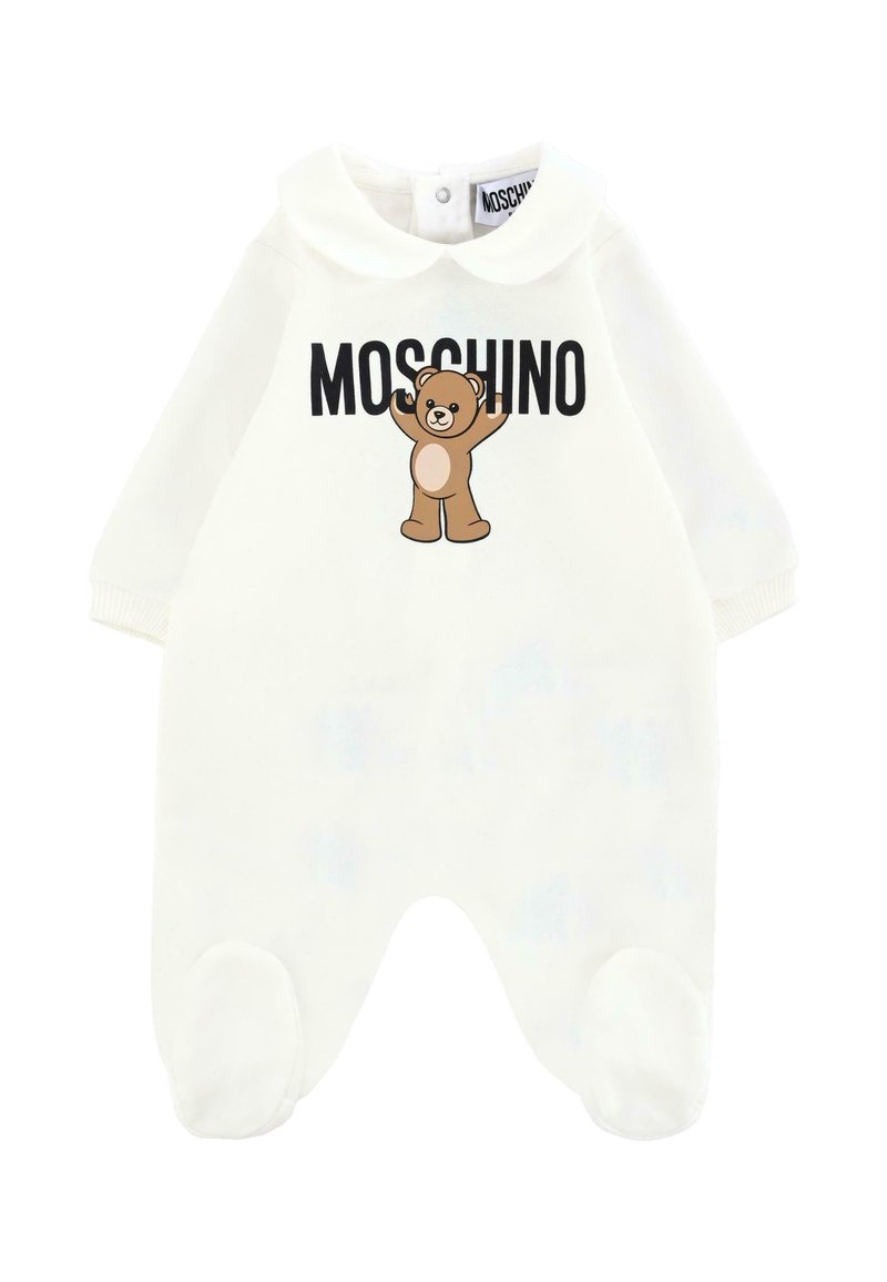 Weißer Baby-Overall mit langen Ärmeln, rundem Kragen, Logo "MOSCHINO" auf der Vorderseite und bärchenhafte Grafik in Braun. Weicher Stoff, runde Fuß-Design.