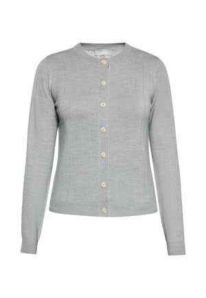 Cardigan gris claro de tejido de punto, con cuello redondo, mangas largas y seis botones crema en la parte frontal con rayas verticales.