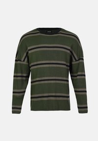 Gestreiftes langärmliges Sweatshirt in Dunkelgrün mit horizontalen beigen und schwarzen Streifen. Verfügt über einen runden Halsausschnitt und eine lockere Passform.