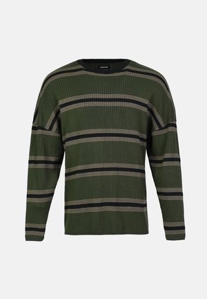 Gestreiftes langärmliges Sweatshirt in Dunkelgrün mit horizontalen beigen und schwarzen Streifen. Verfügt über einen runden Halsausschnitt und eine lockere Passform.