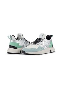 Sneakers featuring a blend of white fabric and mint green suede. Chunky sole with black accents and textured lacing system. Modern design.