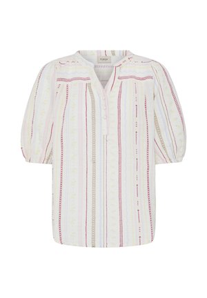 Bluză albă cu dungi verticale roșii, bej și galbene, mâneci bufante trei-sferturi, închidere cu nasturi în față și decolteu rotund cu guler mic drept.