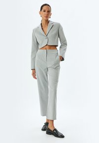Blazer gris cropped con un solo botón, combinado con pantalones gris de talle alto. La modelo lleva mocasines negros texturizados. Diseño minimalista.