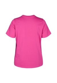 Rosa Baumwoll-T-Shirt mit kurzen Ärmeln, Rundhalsausschnitt und schlichtem Design. Hergestellt aus weichem Stoff mit glatter Textur. Keine sichtbaren Details oder Muster.