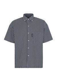 Camicia a maniche corte di un blu navy scuro con righe bianche verticali, chiusura a bottoni e una tasca sul petto. Realizzata in un tessuto liscio e leggero.