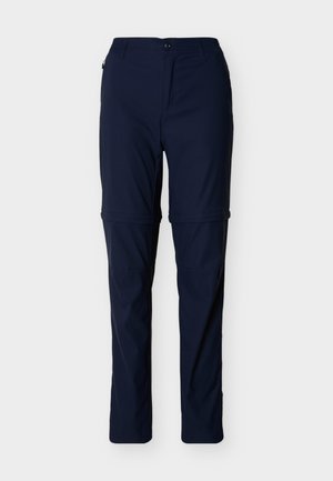 Παντελόνια μετατρέψιμα σκούρου μπλε με φερμουάρ στα γόνατα, μπροστινό κουμπί και κλείσιμο με φερμουάρ, σχεδιασμένα για υπαίθρια ή καθημερινή χρήση.