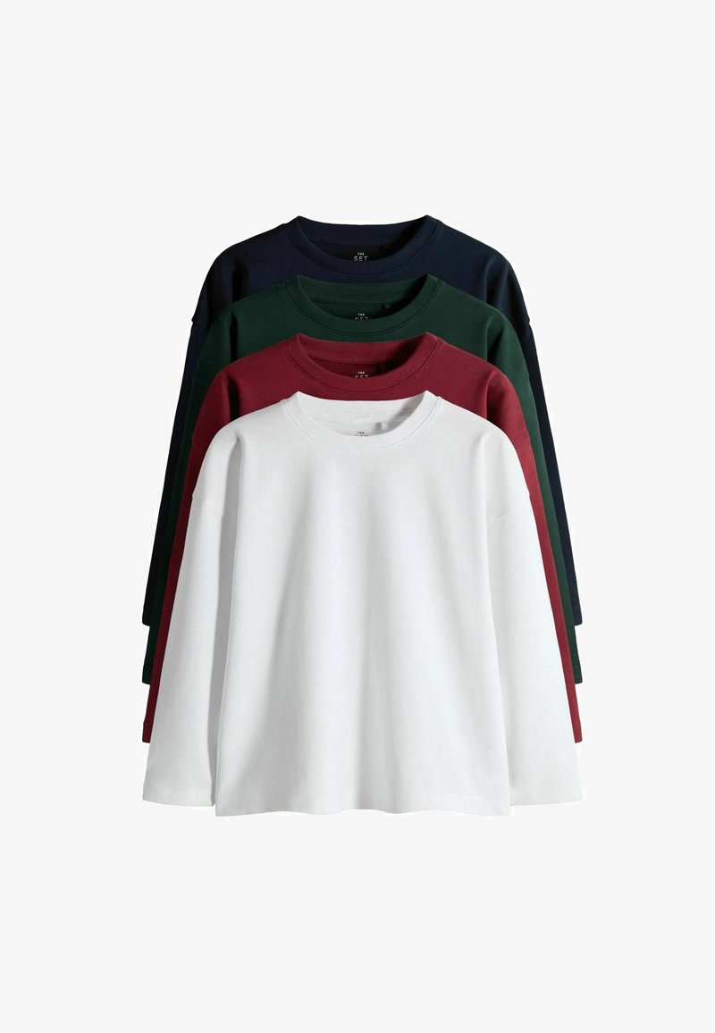 Vijf langemouwen shirts verticaal gestapeld: wit, bordeauxrood, bosgroen, marineblauw, met ronde hals en een relaxte pasvorm. Katoenen materiaal.