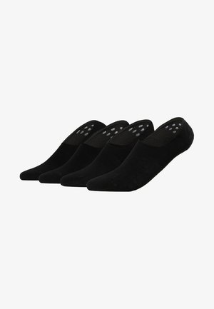 Black ankle socks, featuring a smooth texture, non-slip silicone dots on the inner heels, and a low-cut design for discreet wear. Four pairs included.