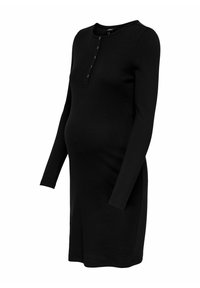 Robe de maternité noire à manches longues avec une texture côtelée, dotée d'un col henley avec des boutons et d'entailles sur les côtés près de l'ourlet.