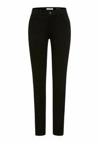 Schwarze enge Jeans aus einem dehnbaren Baumwollmix. Sie verfügen über fünf Taschen, einen vorderen Knopfverschluss und eine glatte, matte Oberfläche.