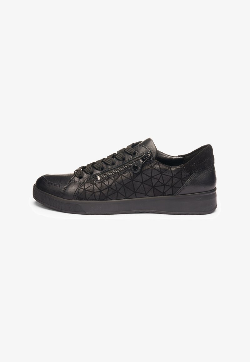 Black low-top sneaker with geometric pattern, side zipper, lace-up front, and rubber sole, shown from the outer side.