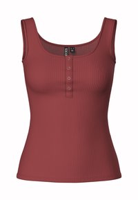 Top in maglia a coste di un rosso intenso, presenta un colletto a giro, spalline larghe e una chiusura con bottoni che include tre piccoli bottoni in argento.