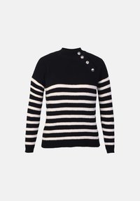 Pull en maille noir avec des rayures horizontales blanches, quatre boutons en métal sur une épaule, et des manches longues.