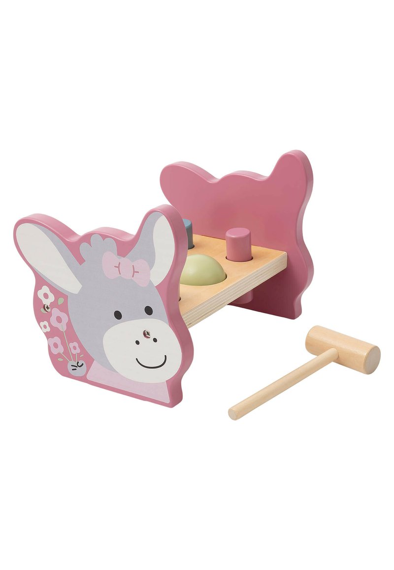 Wooden toy hammering block shaped like a donkey, featuring pink and gray colors, a smiling face, three colored pegs, and a wooden mallet.