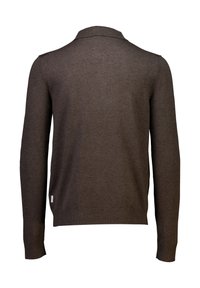 Brun stickad cardigan med krage, långa ärmar och ribbade muddar. Har en subtil textur och en liten varumärkesetikett vid nederkanten.