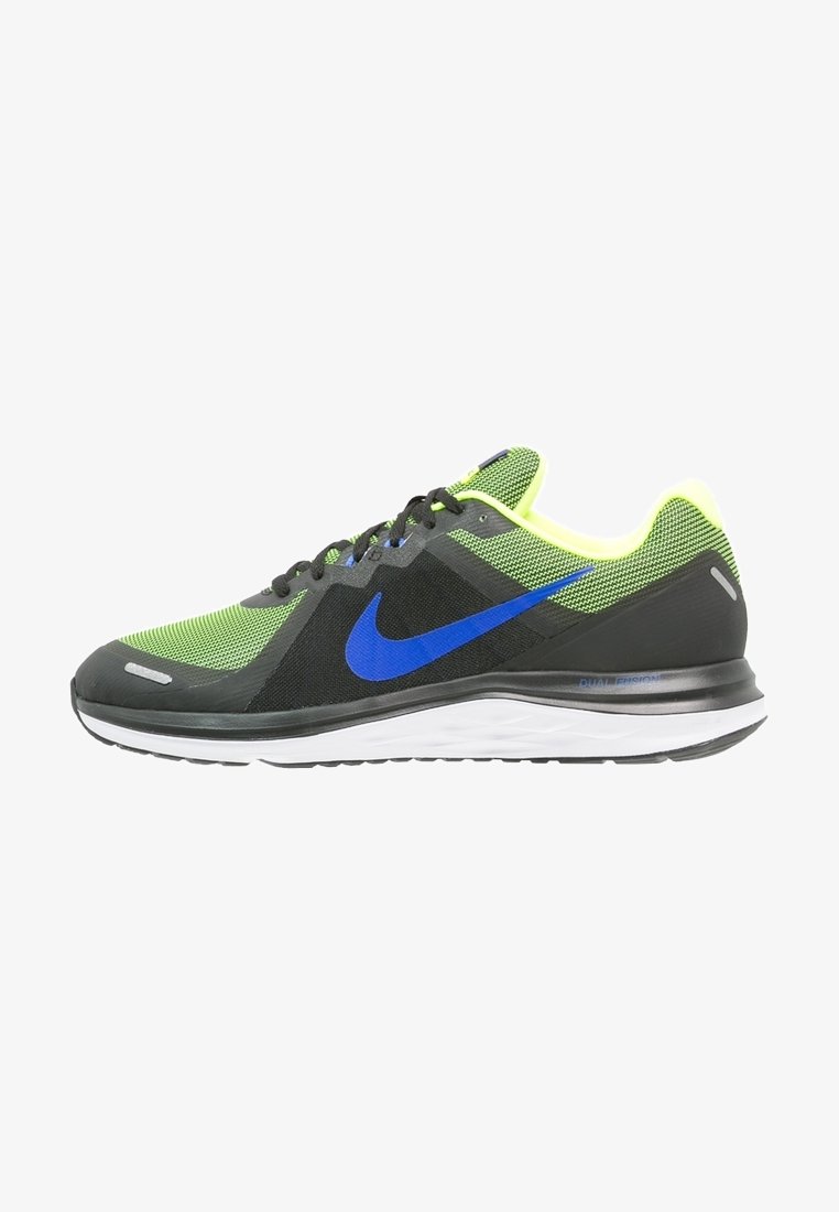 Chaussure de course verte et noire avec le logo Nike bleu, lacets noirs, semelle blanche et doublure intérieure jaune fluo.