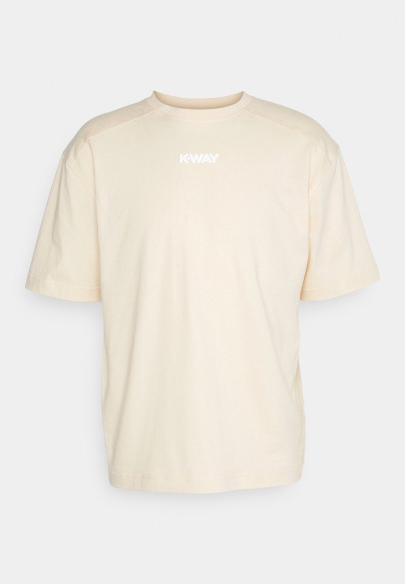 Krémové bavlněné tričko s krátkým rukávem, kulatým výstřihem a bílým logem tištěným na přední straně. Jednoduchý, jednobarevný design bez vzorů.