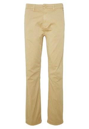 Chino in cotone beige con design a gamba dritta, dotati di zip e chiusura con bottone, e tasche frontali. Tessuto liscio con dettagli minimi.