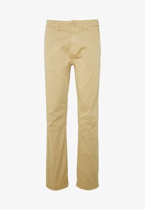 Beige bomulds chinos med lige ben-design, der har lynlås, knaplukning og forlommer. Glat tekstur med minimal detaljering.
