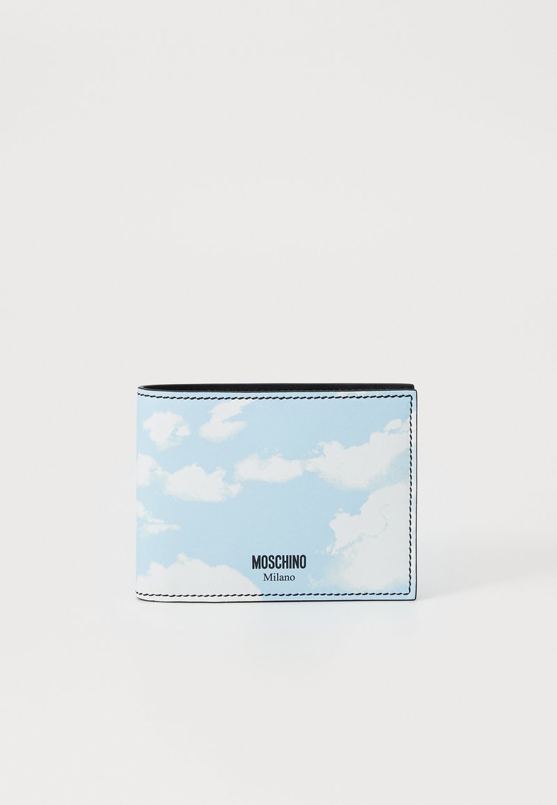 Sky blue wallet made of smooth leather, featuring a cloud print and black stitching. Front displays "MOSCHINO Milano" in bold lettering.