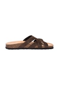 Brown suede slide sandal with an open toe, crisscross straps, and a textured cork footbed. Flat sole with visible traction pattern.