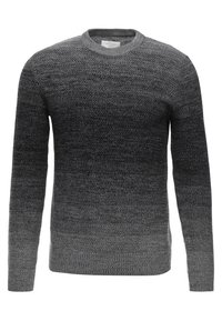 Grauer Ombre-Pullover mit langen Ärmeln, rundem Ausschnitt, strukturiertem Strickmuster und geripptem Saum. Der Stoff wechselt von dunkelgrau zu hellgrau.