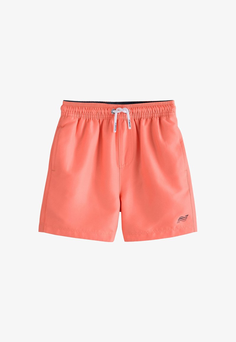 Korall színű fürdőnadrág, rugalmas derékkal, húzózsinóros záródással és oldalsó zsebekkel. Az alsó bal oldalon egy kis logó található. Simas texture.