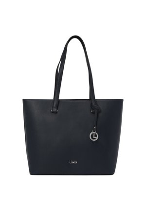 Navy blue leather tote bag with two shoulder straps, smooth texture, silver hardware accent, and brand logo displayed on the front.